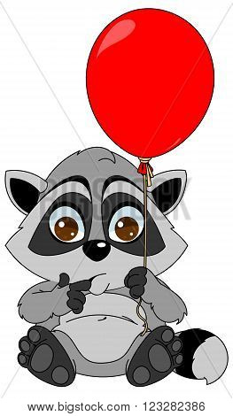 The little raccoon is sitting with a red balloon