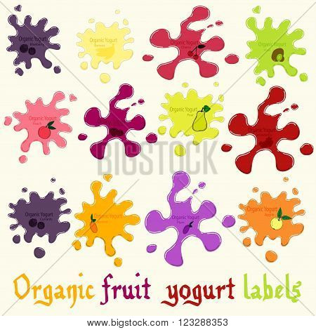 Fruit yogurt splashes or blots, organic milk products labels, different colors and forms, vector