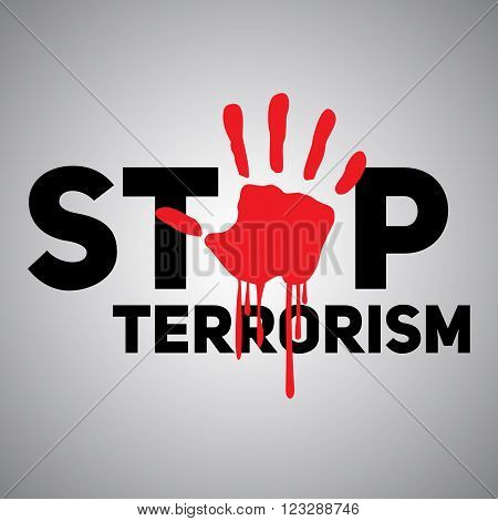 The text "Stop terrorism" with the imprint of a bloody hand.