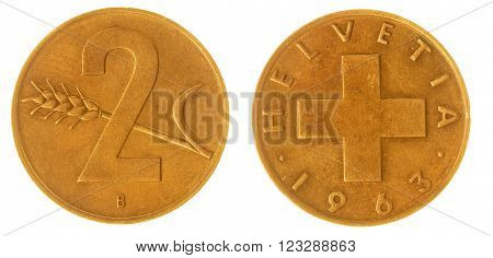 2 Rappen 1963 Coin Isolated On White Background, Switzerland