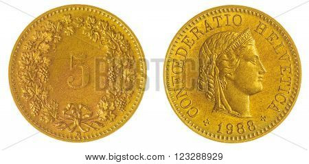 5 Rappen 1988 Coin Isolated On White Background, Switzerland