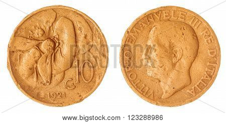 Bronze 10 ?entesimi 1921 coin isolated on white background, Italy