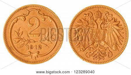Bronze 2 heller 1912 coin isolated on white background, Austria