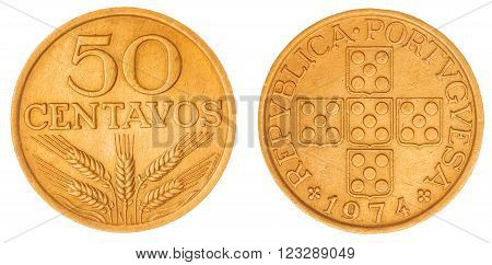 50 Centavos 1974 Coin Isolated On White Background, Portugal