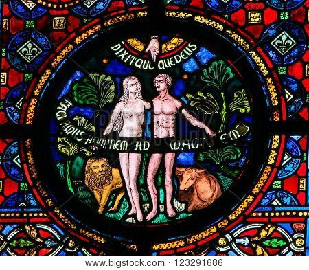 DINANT, BELGIUM - OCTOBER 16, 2011: Creation of Adam and Eve, stained glass window in the church of Dinant, Belgium.