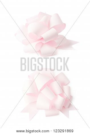 Decorational rose pink ribbon gift bow isolated over the white background, set collection of two diffirent foreshortenings