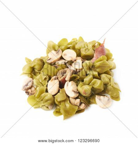 Pile of cooked sacchettoni stuffed sacchetti pasta with ham and mushrooms isolated over the white background