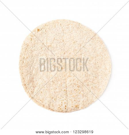Single wheat tortilla bread isolated over the white background