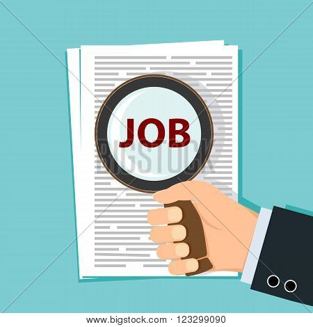 Job search. Magnifying glass in hand. Questionnaire worker. Stock vector illustration.