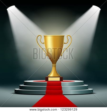 Gold Cup winner standing on a podium. Stock vector illustration.