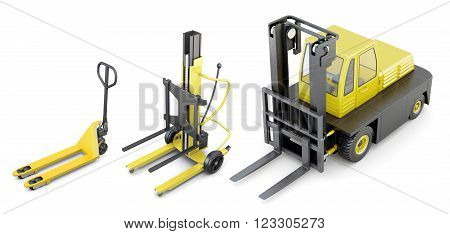 Different types of truck lifts isolated on white background. 3d rendering.