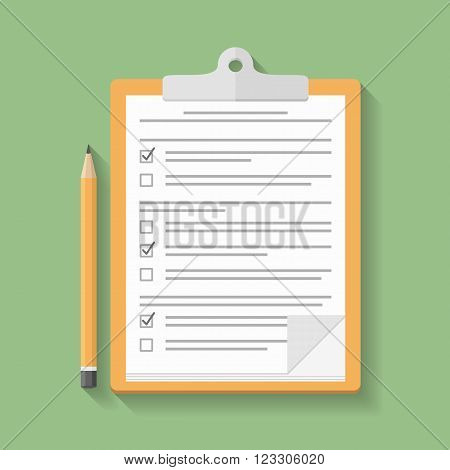 Survey or test concept clipboard with documents with check boxes and pencil, flat design, vector eps10 illustration