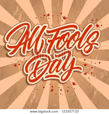 All fools day inscription isolated on vintage sunburst background