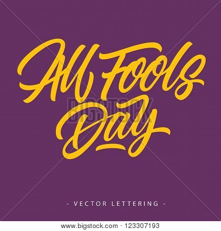 Yellow all fools day inscription isolated on purple background