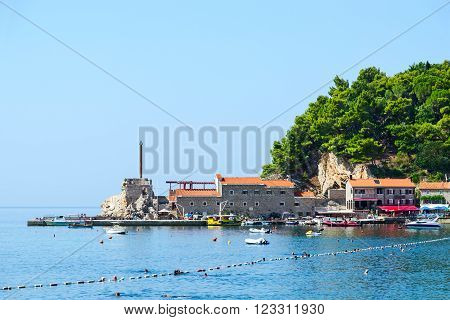 PETROVAC MONTENEGRO - SEPTEMBER 19 2015: Unidentified people are relaxing in the popular resort town of Petrovac near the Venetian fortress Montenegro