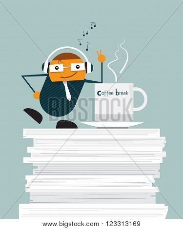 Illustration vector of cute cartoon businessman relaxing on document paper in office. And standing with hot coffee listening music from headphone at coffee time.Take a break at work