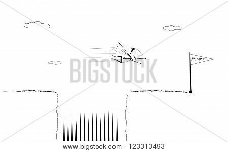 Vector illustration draw doodle cartoon. Superhero businessman is flying pass Spiked pit to flag signs of a successful business. Business investment, success concept.