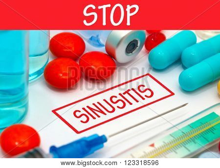 Stop sinusitis. Vaccine to treat disease. Syringe and vaccine with drugs.