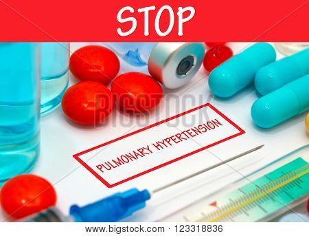 Stop pulmonary hypertension. Vaccine to treat disease. Syringe and vaccine with drugs.