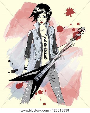 Girl with electric guitar. The musician, rocker, singer. Fashion illustration on abstract background Sketch