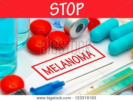 Stop melanoma. Vaccine to treat disease. Syringe and vaccine with drugs.