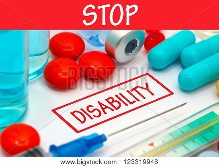 Stop disability. Vaccine to treat disease. Syringe and vaccine with drugs.
