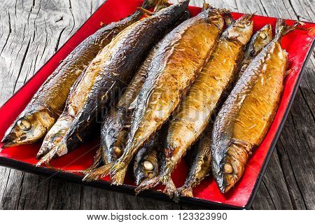 Baked saury on a red rectangular dish close-up top view