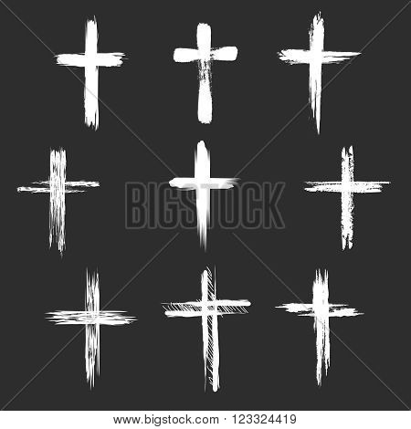 Grunge christian cross icons. White cross icons on black background. Vector illustration