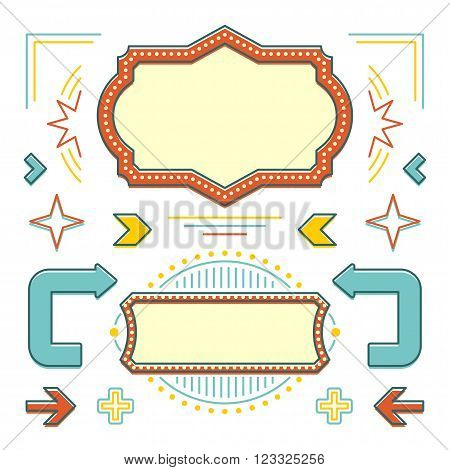 Retro American 1950s Sign Design Elements Set. Billboard Signage Light Bulbs, Frames, Arrows, Icons, Neon Lamps. For advertising, greetings cards, poster vector. Retro Sign, Vinage Frame.