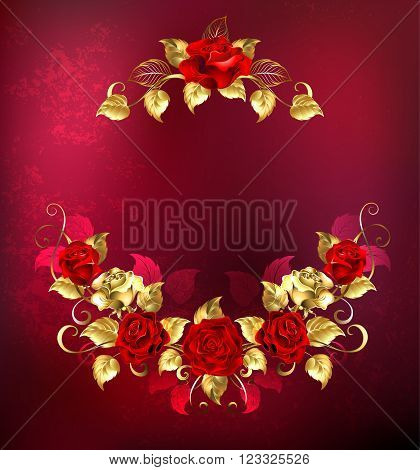 symmetrical garland of gold jewelry and passionate red roses on a textured red background. Floral Frame. Design of roses.