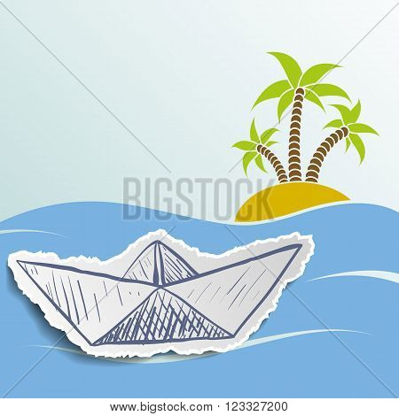 Island with palm trees in the ocean. Cruise ship. Travel background. Stock vector illustration.