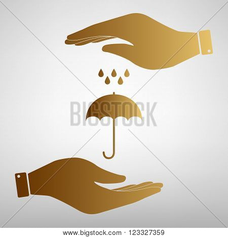 Umbrella with water drops. Rain protection symbol. Save or protect symbol by hands. Golden Effect.