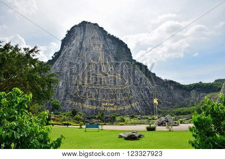 Attractions in Thailand Khao Chee Chan and Golden Buddha laser carved Sattahip Chonburi Thailand