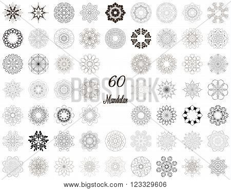 Set of abstract design element. Round mandalas in vector. Graphic template for your design. Decorative retro ornament. Hand drawn background with flowers