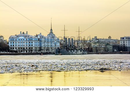 April 2, 2011. Saint-Petersburg. The cruiser Aurora in the Neva river at sunset in St. Petersburg. Russia.