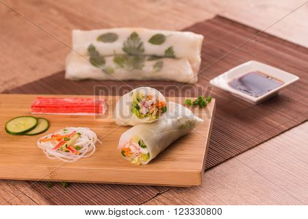 Traditional Japonese Vegetable Springroll over a wooden table