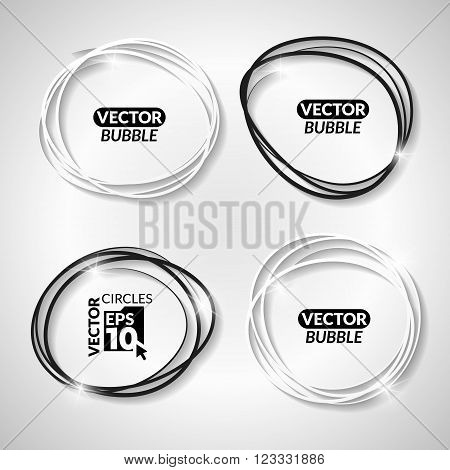 Set of vector linear bubbles. Set of hand drawn black and white circles on the grey background.