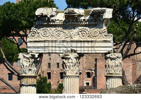 Column frieze and entablature from Templus of Venus Genetrix in Forum of Caesar with motif of spiral leaves