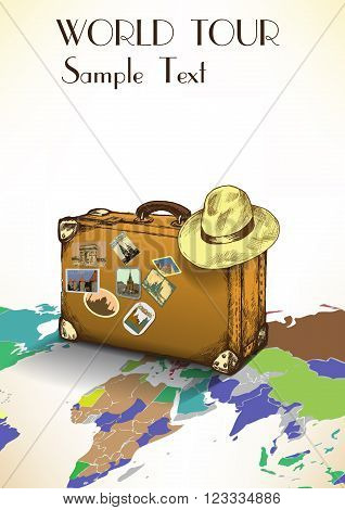 vintage suitcase with labels on the background of the world map.vector illustration