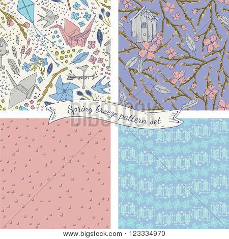 Spring breeze seamless pattern set. Lovely romantic vintage style. Origami crane, bird feathers, pinwheel illustration elements.