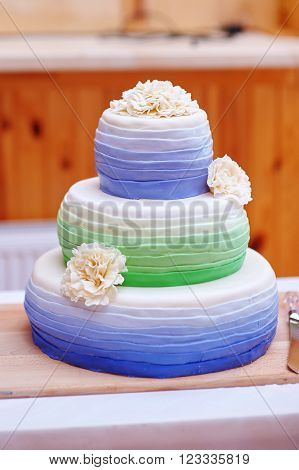 Ttraditional three tier wedding cake with daisy flower decorations.