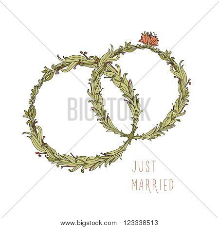 Two wedding rings with flowers. Vintage illustration. Istolated on white.