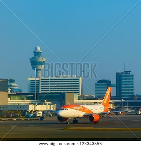 Amsterdam, Netherlands - March 11, 2016: Amsterdam Airport Schiphol in Netherlands. Amsterdam Airport Schiphol is the Netherlands' main international airport, located southwest of Amsterdam.