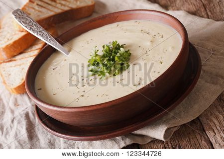 Dietary Cauliflower Soup And Toast Close Up. Horizontal