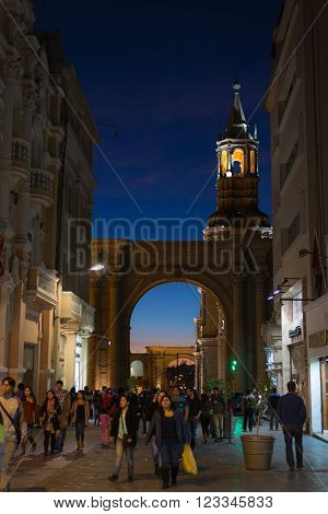 People On Main Square At Dusk, Arequipa, Peru