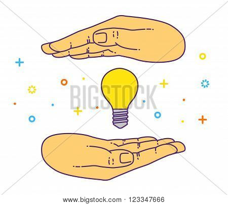 Vector flat style on background. Illustration innovative idea - shining light bulb in hand. Icon set for presentation of save energy.