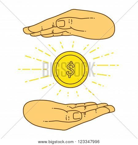 Vector flat style on background. Illustration of bank technology and services for presentation. Dollar gold coin in hand. Investment and exchange. Keeping the money in bank deposit account. Save cach.