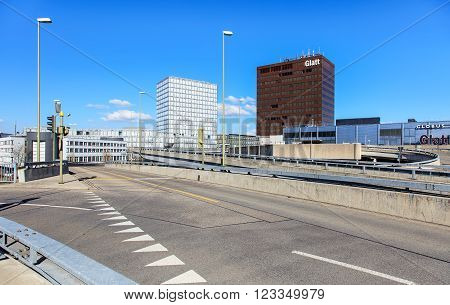 Wallisellen, Switzerland - 26 March, 2016: Allianz Suisse office ang Glatt shopping center buildings, view from the Neue Wintertuhrestrasse street. Wallisellen is a municipality in the Swiss canton of Zurich.