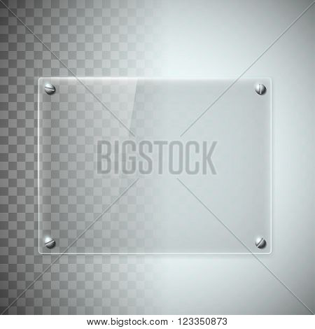 Blank transparent glass plate. Texture of plastic material. Stock vector illustration.