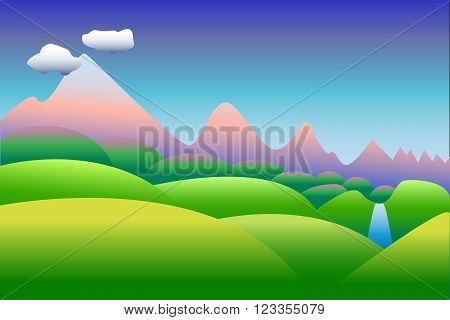 Cartoon style vector illustration or background with the pink mountains and green hills, idyllic landscape with the place for text